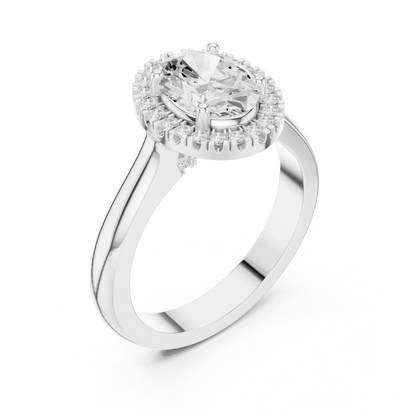 Front view of white gold oval halo ring featuring lab-grown diamond with halo setting
