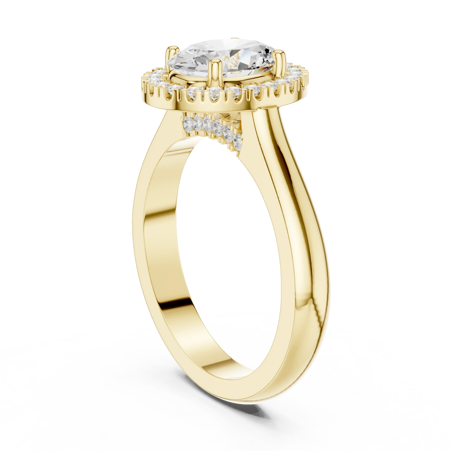 Back view of yellow gold oval halo ring with lab-grown diamond and smooth band
