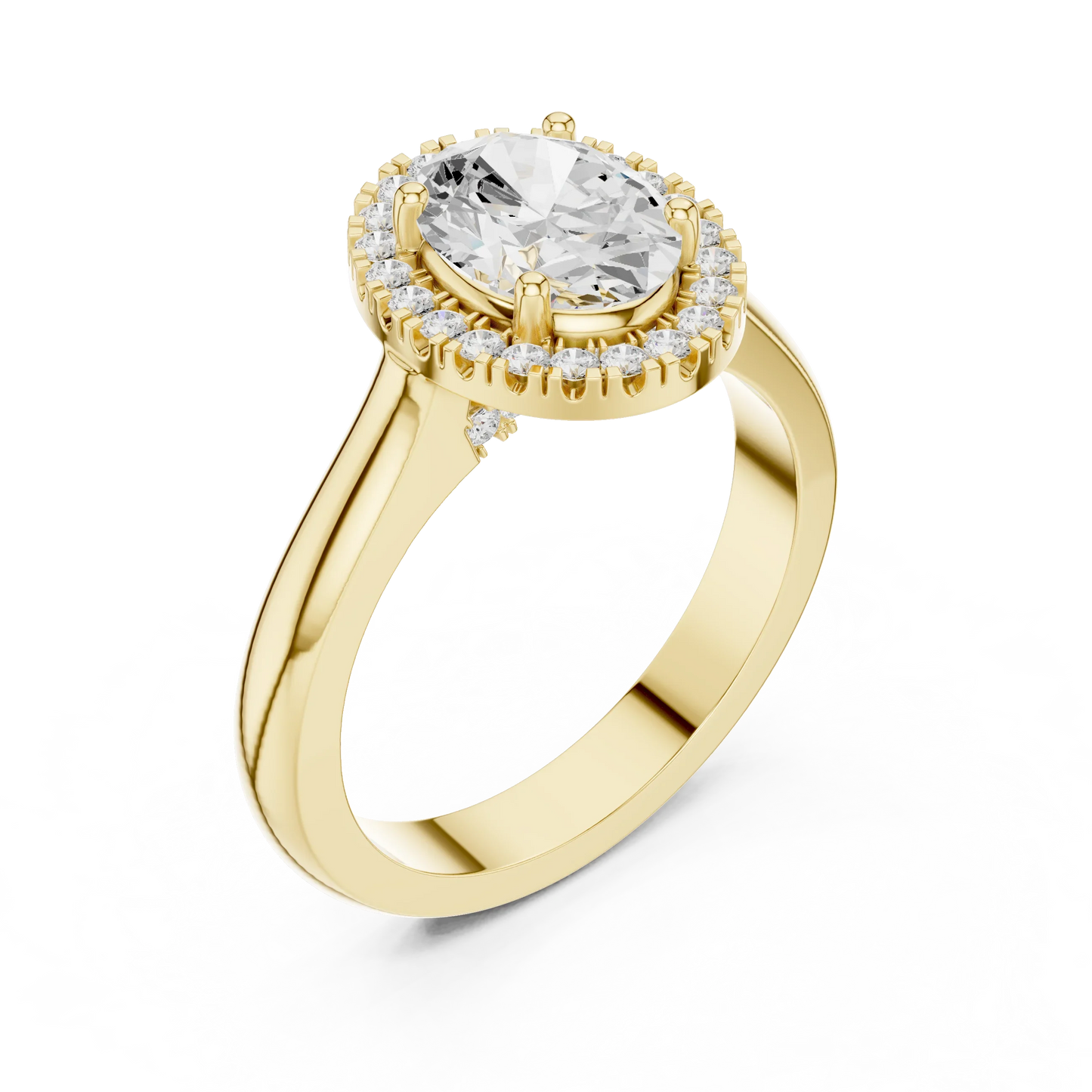 Front view of yellow gold oval halo ring showcasing lab-grown diamond with halo design