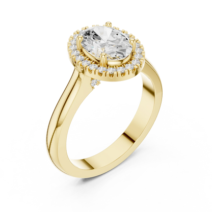 Front view of yellow gold oval halo ring showcasing lab-grown diamond with halo design