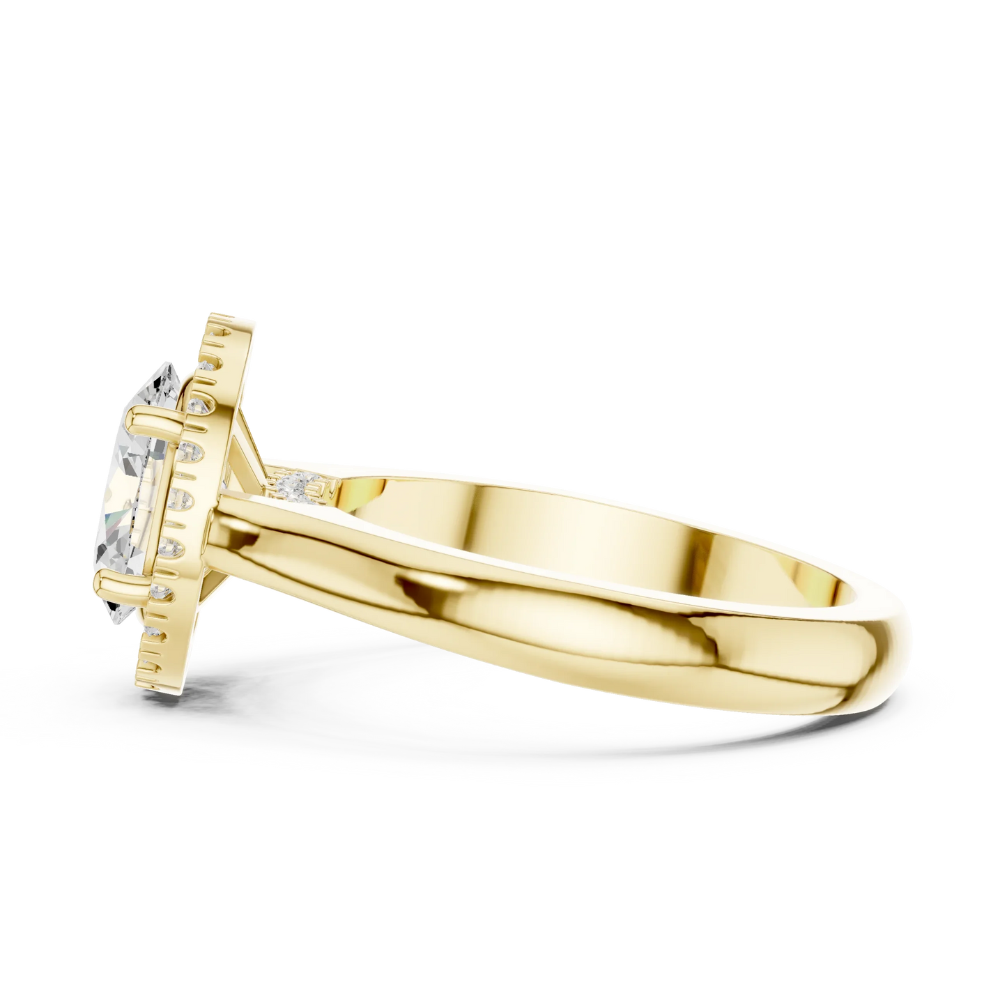 Side profile of yellow gold oval halo ring highlighting diamond setting and structure
