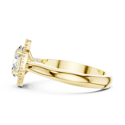 Side profile of yellow gold oval halo ring highlighting diamond setting and structure
