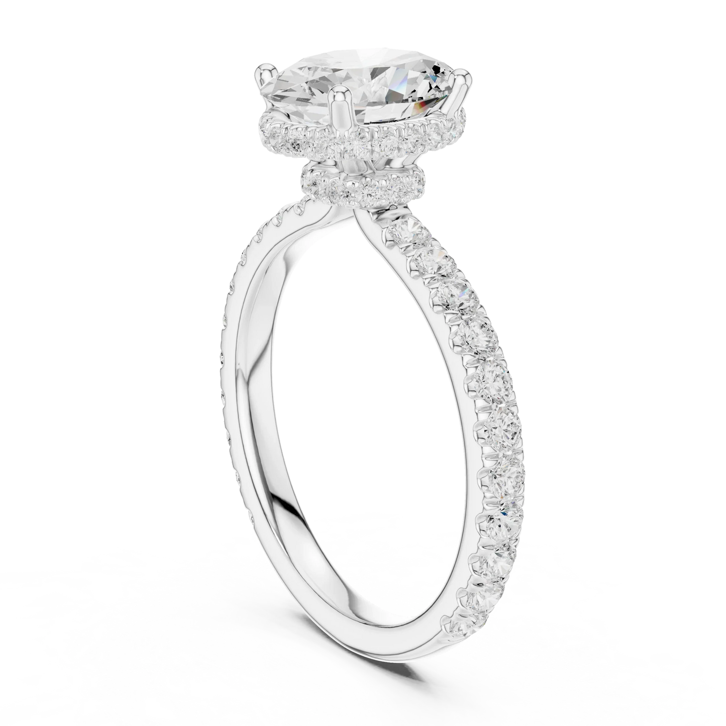 Back view of white gold oval hidden halo ring with pave diamond band and lab-grown diamond 鈥?Australia