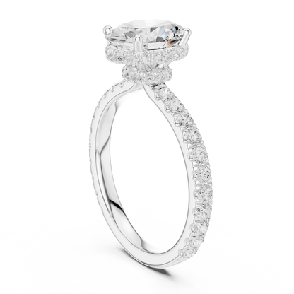 Back view of white gold oval hidden halo ring with pave diamond band and lab-grown diamond 鈥?Australia