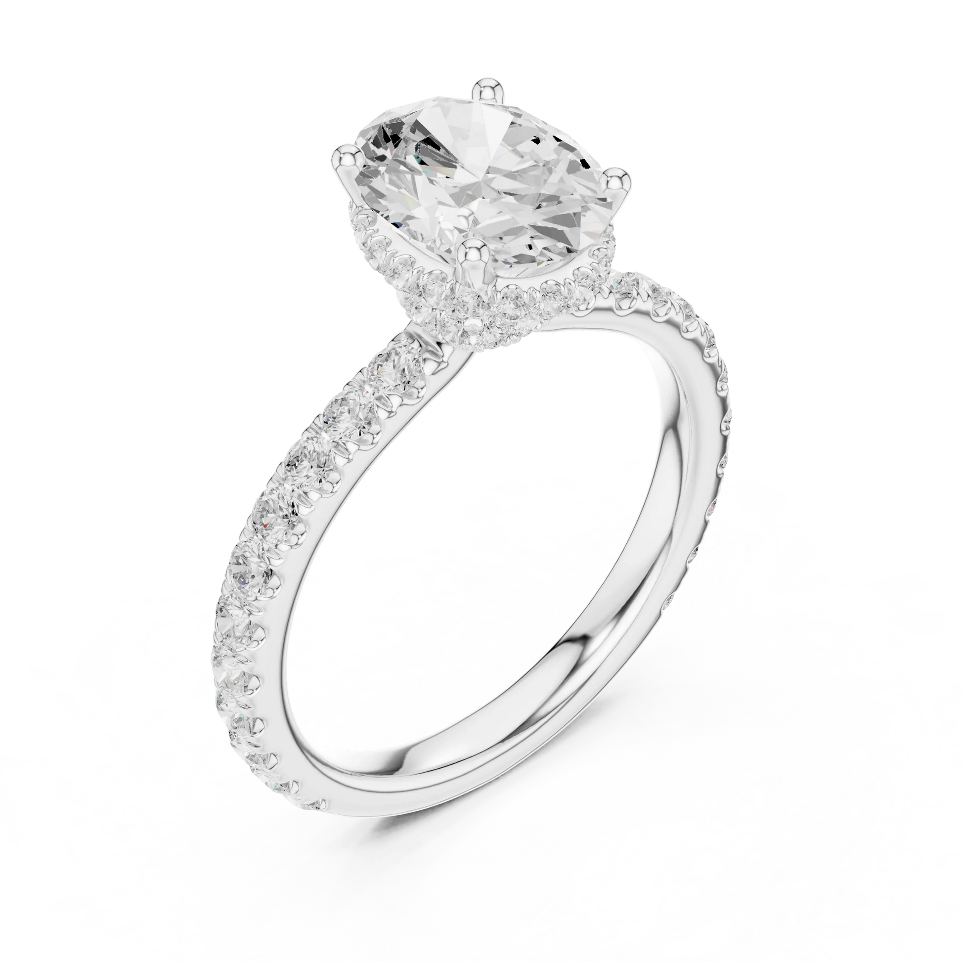 Front view of white gold oval hidden halo ring with pave diamond band and lab-grown diamond 鈥?Australia