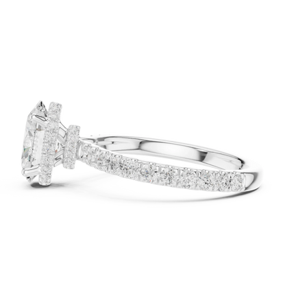 Side view of white gold oval hidden halo ring with pave diamond band and lab-grown diamond 鈥?Australia