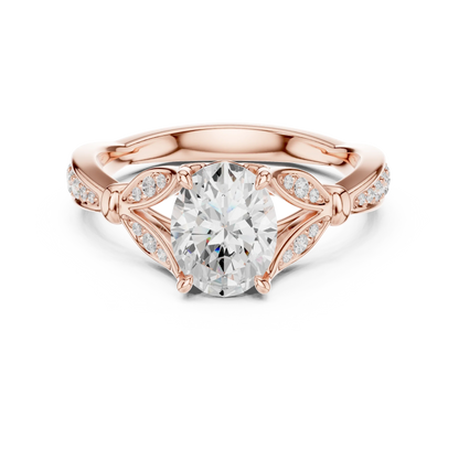 Oval solitaire ring in rose gold with floral milgrain pave band and lab-grown diamond – Australia