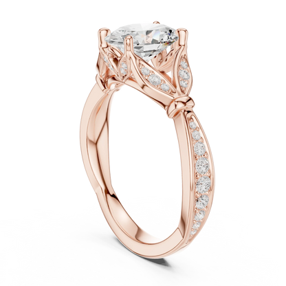 Back side view of rose gold oval solitaire ring with floral milgrain pave band and lab-grown diamond – Australia