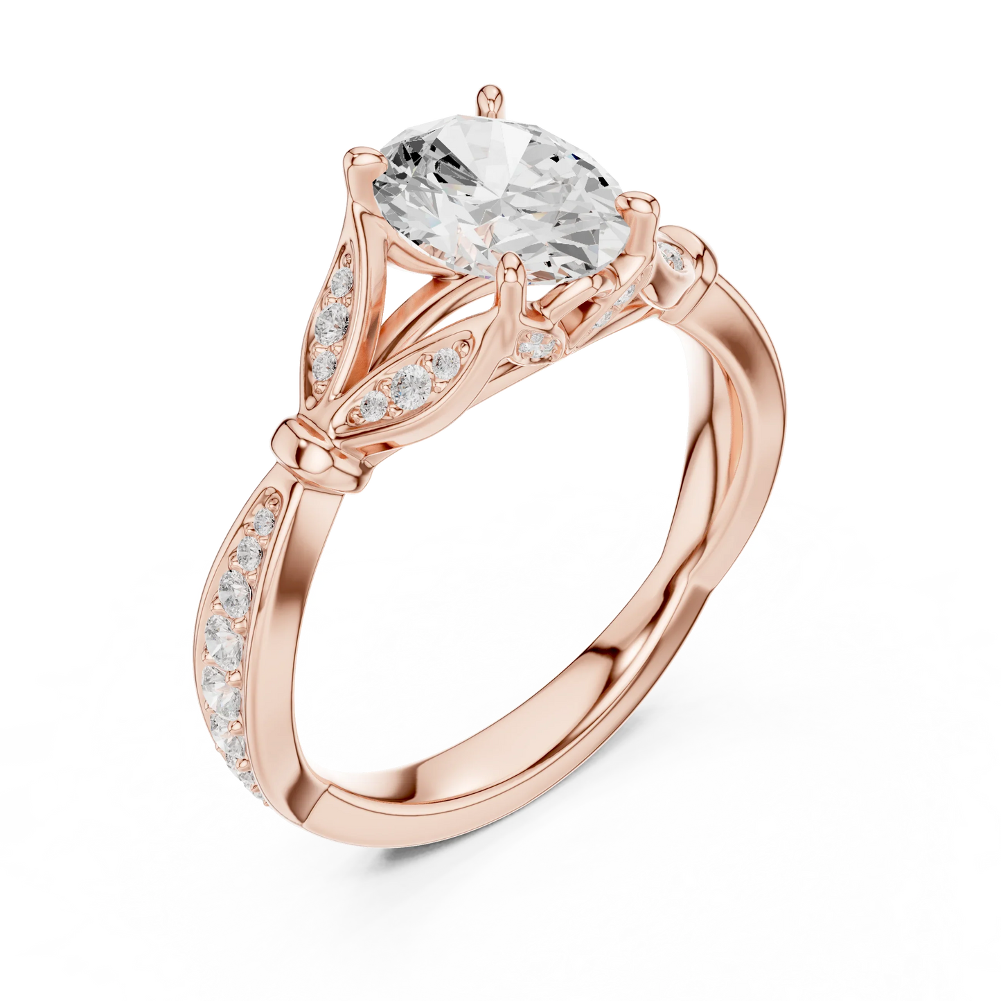 Front view of rose gold oval solitaire ring with floral milgrain pave band and lab-grown diamond – Australia