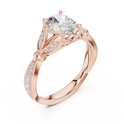 Front view of rose gold oval solitaire ring with floral milgrain pave band and lab-grown diamond – Australia