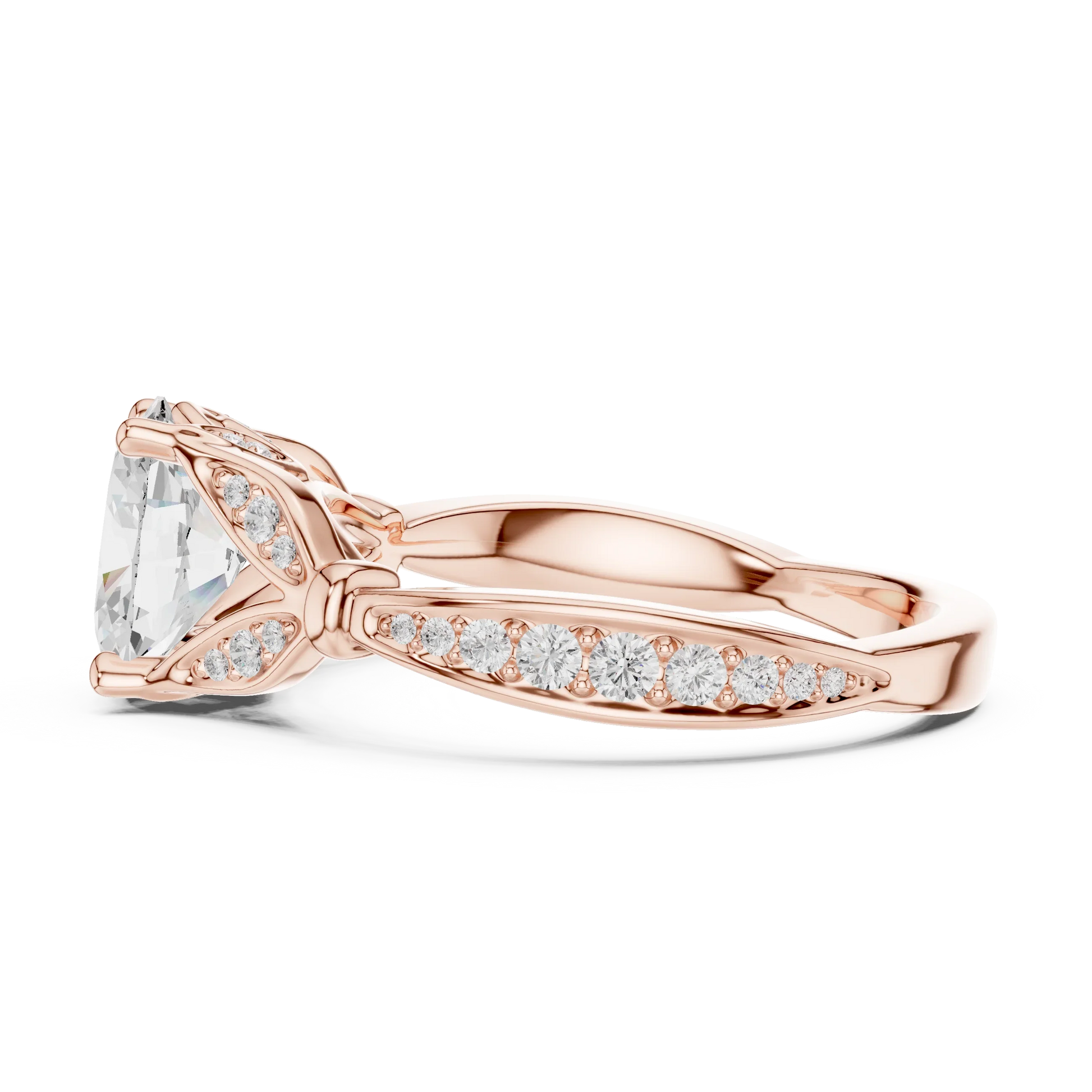 Side view of rose gold oval solitaire ring with floral milgrain pave band and lab-grown diamond – Australia