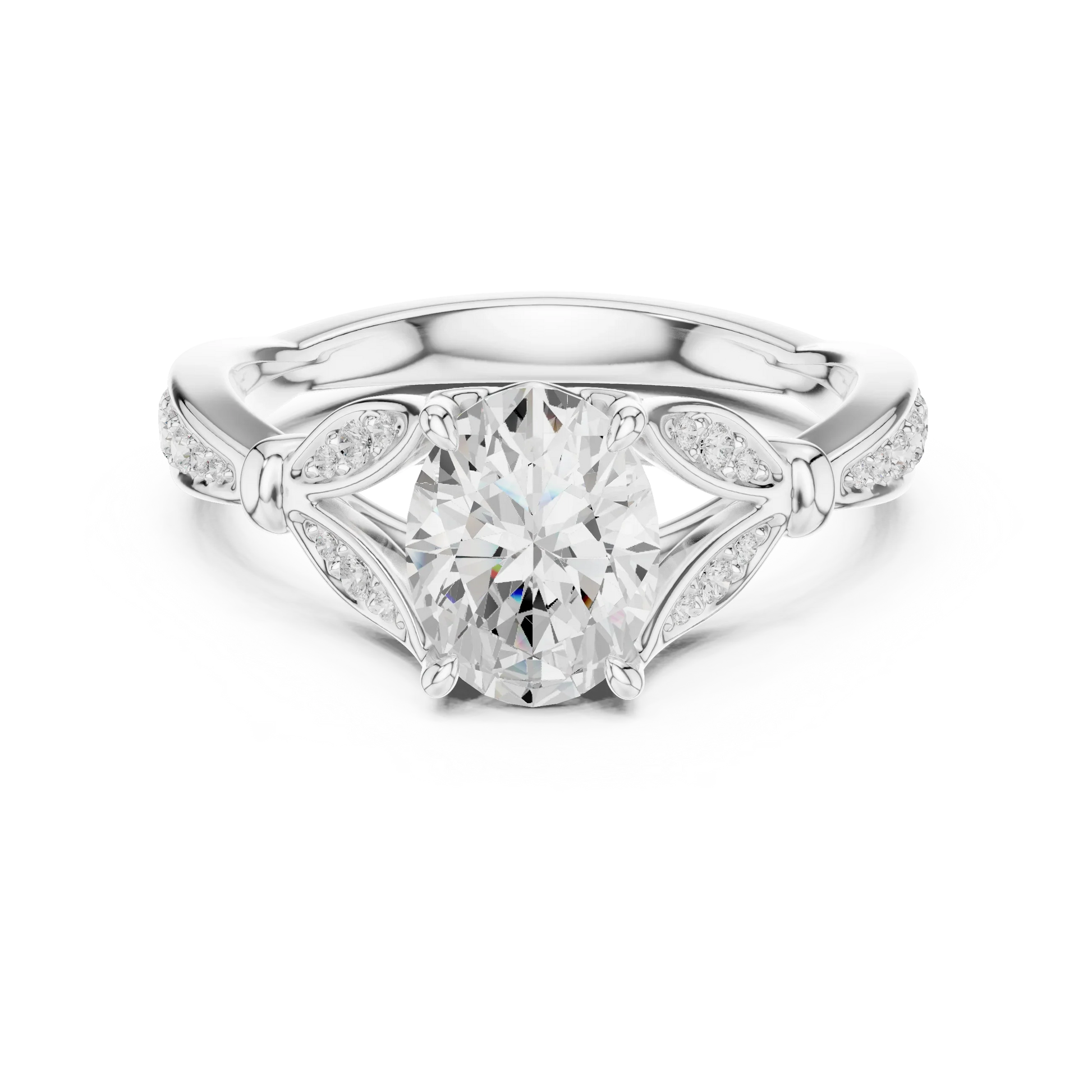 Oval solitaire ring in white gold with floral milgrain pave band and lab-grown diamond – Australia