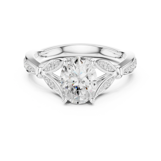 Oval solitaire ring in white gold with floral milgrain pave band and lab-grown diamond – Australia