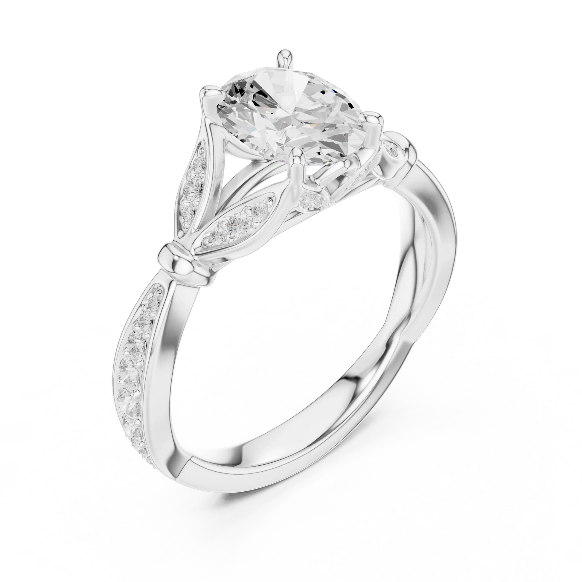 Front view of white gold oval solitaire ring with floral milgrain pave band and lab-grown diamond – Australia