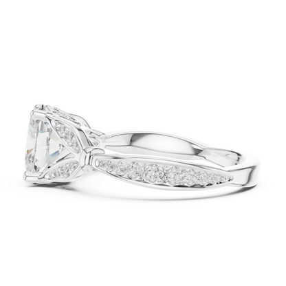 Side view of white gold oval solitaire ring with floral milgrain pave band and lab-grown diamond – Australia