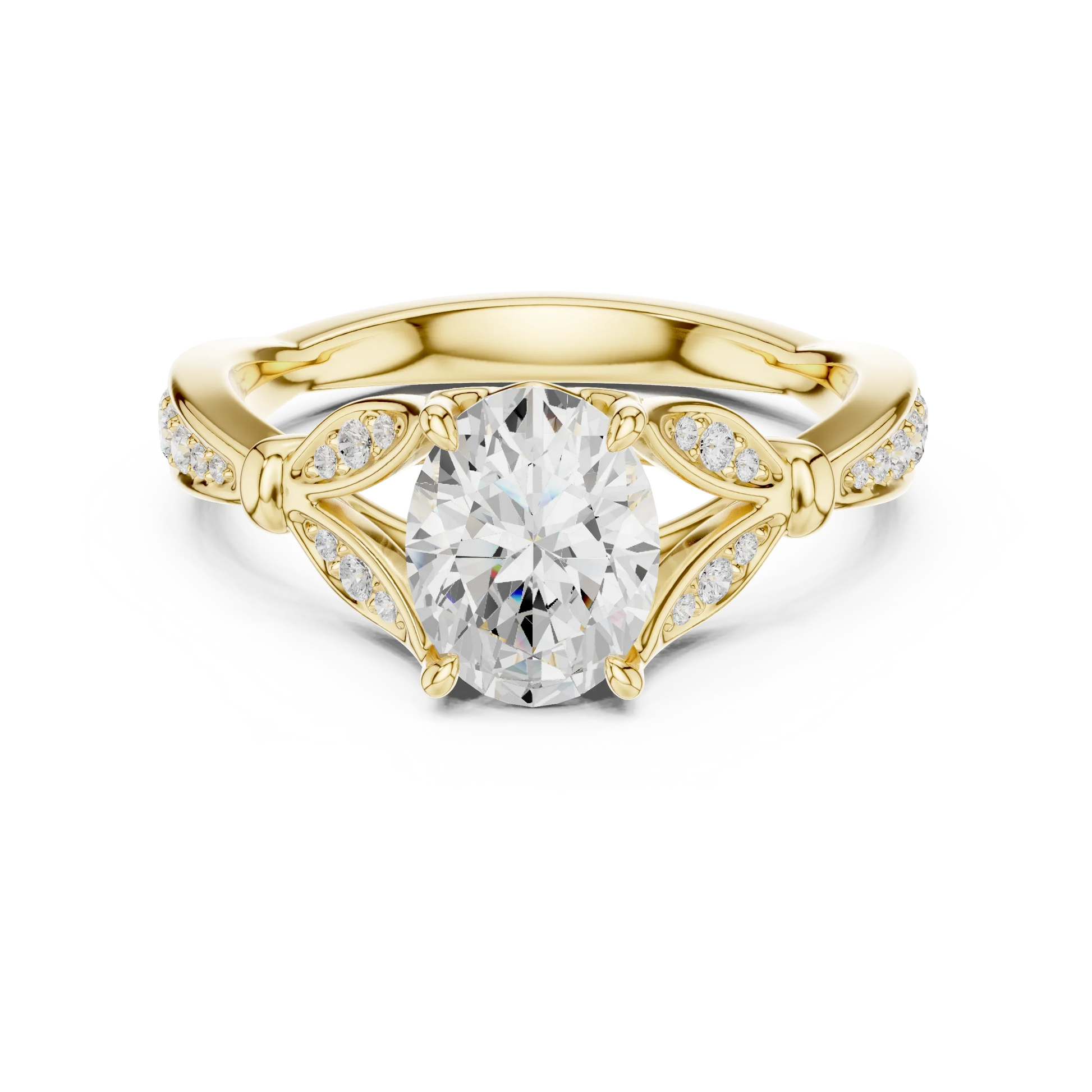 Oval solitaire ring in yellow gold with floral milgrain pave band and lab-grown diamond – Australia