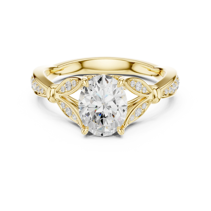 Oval solitaire ring in yellow gold with floral milgrain pave band and lab-grown diamond – Australia