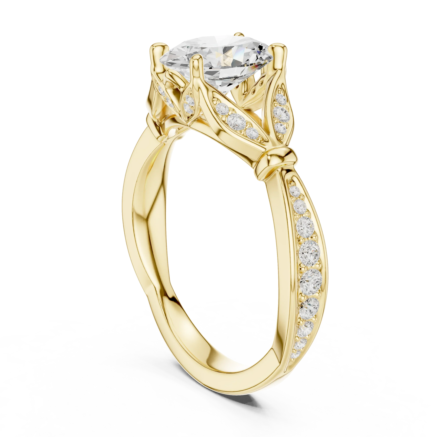 Back side view of yellow gold oval solitaire ring with floral milgrain pave band and lab-grown diamond – Australia