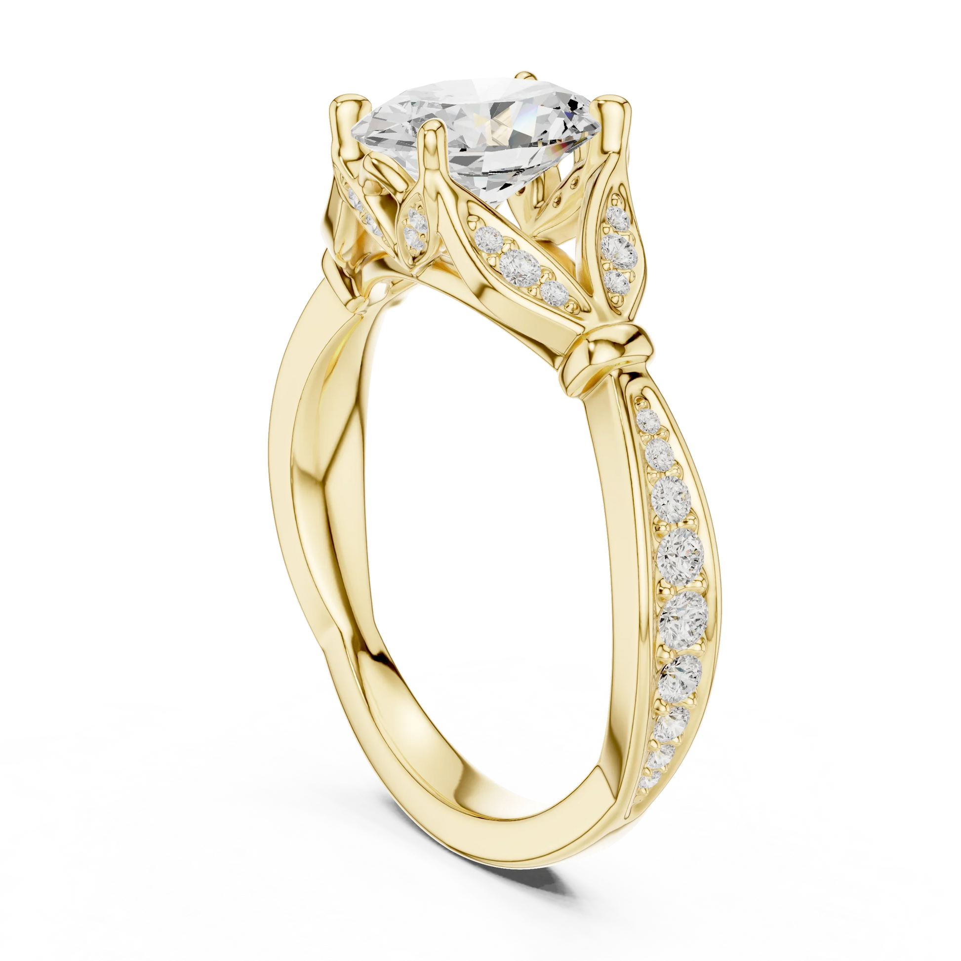 Back side view of yellow gold oval solitaire ring with floral milgrain pave band and lab-grown diamond – Australia