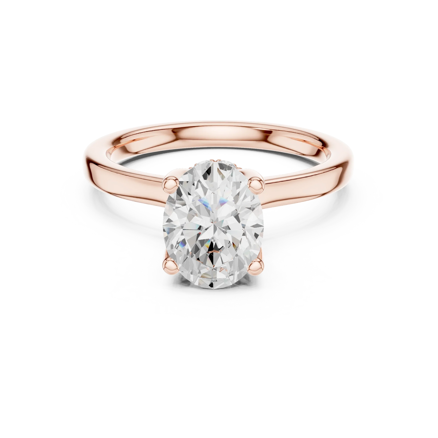 Rose gold oval cut solitaire ring with hidden halo and domed band featuring lab-grown diamond, modern look