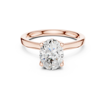 Rose gold oval cut solitaire ring with hidden halo and domed band featuring lab-grown diamond, modern look
