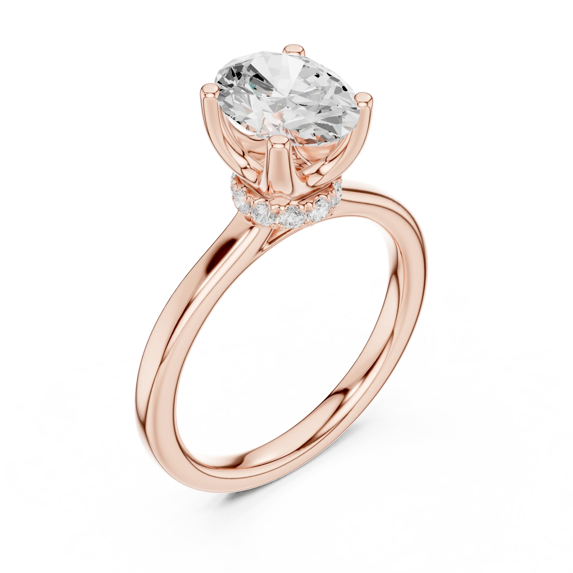 Front view of rose gold oval cut solitaire ring with hidden halo and domed band and lab-created diamond