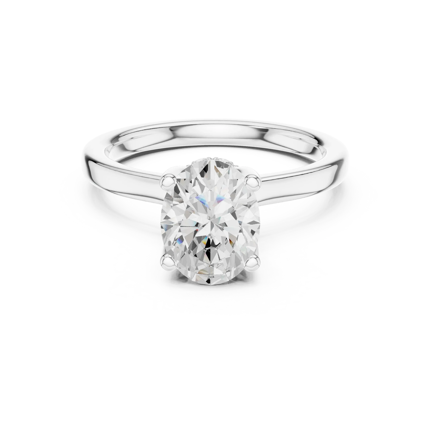 White gold oval cut solitaire ring with hidden halo and domed band featuring lab-grown diamond, elegant design