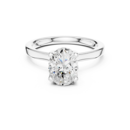 White gold oval cut solitaire ring with hidden halo and domed band featuring lab-grown diamond, elegant design