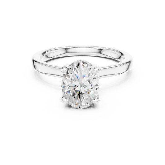 White gold oval cut solitaire ring with hidden halo and domed band featuring lab-grown diamond, elegant design