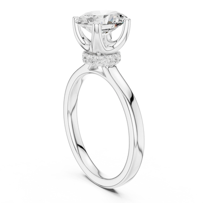 Back view of white gold oval cut solitaire ring with hidden halo and domed band and lab-created diamond