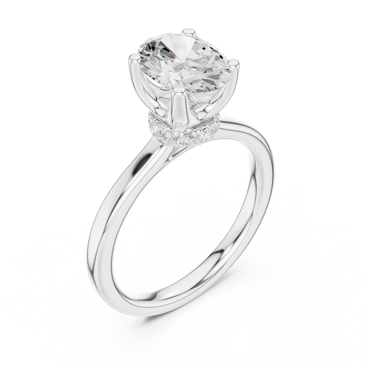Front view of white gold oval cut solitaire ring with hidden halo and domed band and lab-created diamond