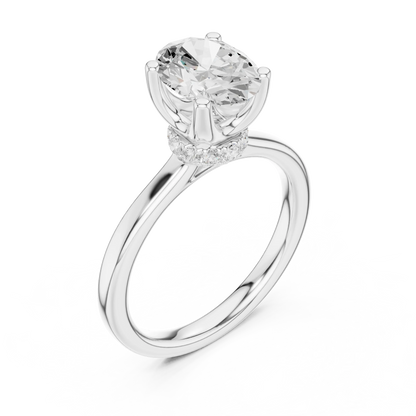 Front view of white gold oval cut solitaire ring with hidden halo and domed band and lab-created diamond