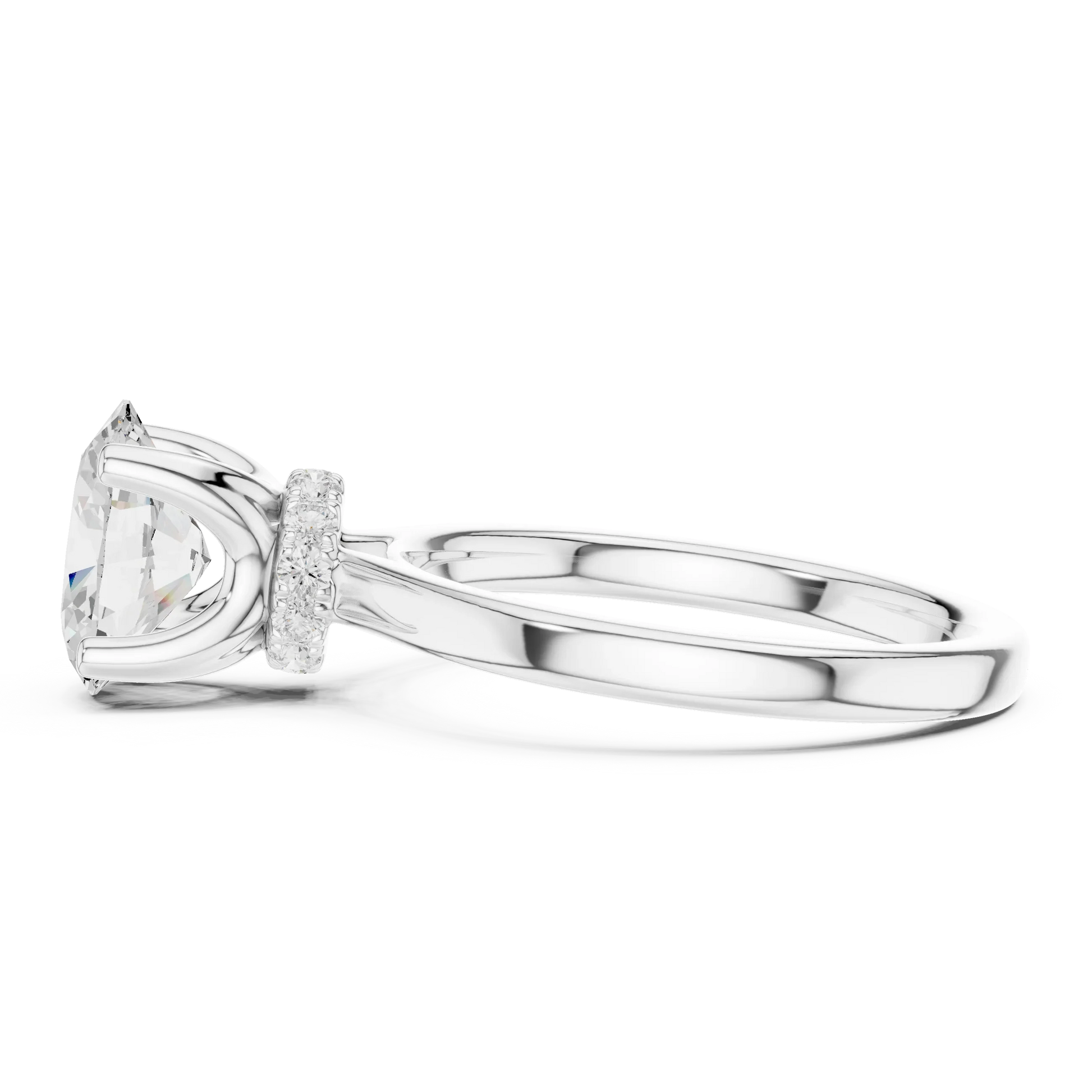 Side view of white gold oval cut solitaire ring highlighting hidden halo and domed band design
