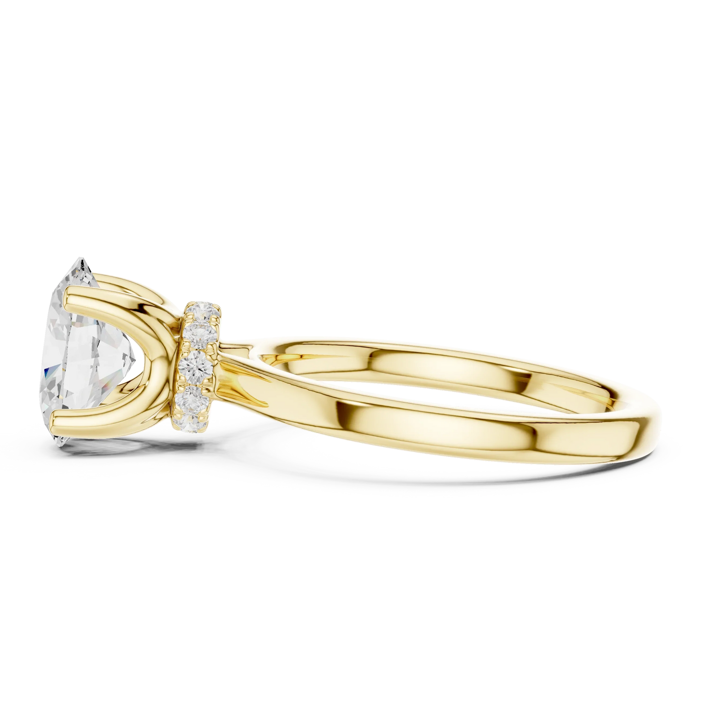 Side view of Yellow gold oval cut solitaire ring highlighting hidden halo and domed band structure