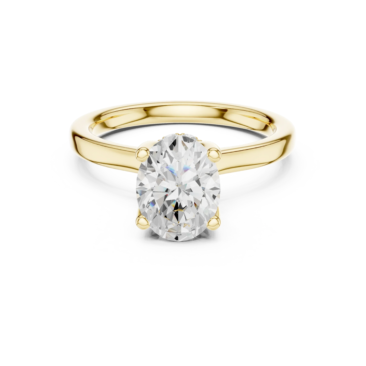 Yellow gold oval cut solitaire ring with hidden halo and domed band featuring lab-grown diamond