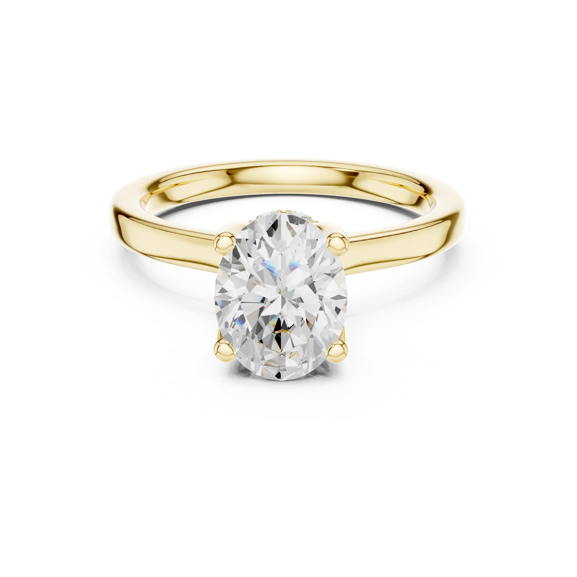 Yellow gold oval cut solitaire ring with hidden halo and domed band featuring lab-grown diamond