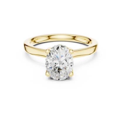 Yellow gold oval cut solitaire ring with hidden halo and domed band featuring lab-grown diamond