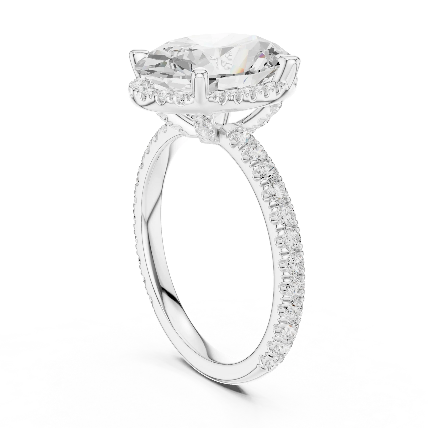 Back side view of white gold oval cut solitaire ring showing hidden halo and thin pav茅 band details