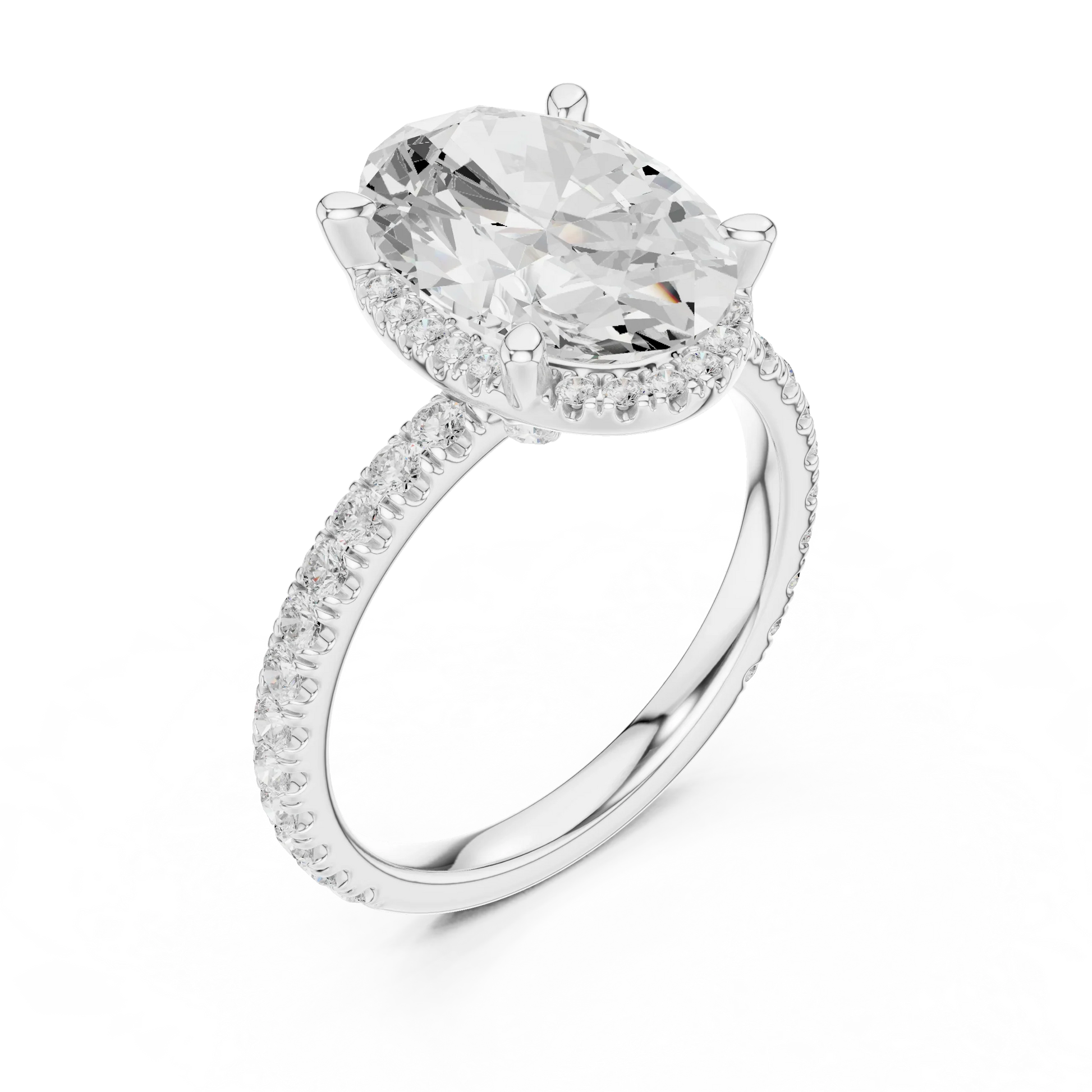 Front view of white gold oval cut solitaire ring with hidden halo and thin pav茅 diamond band and lab-created diamond
