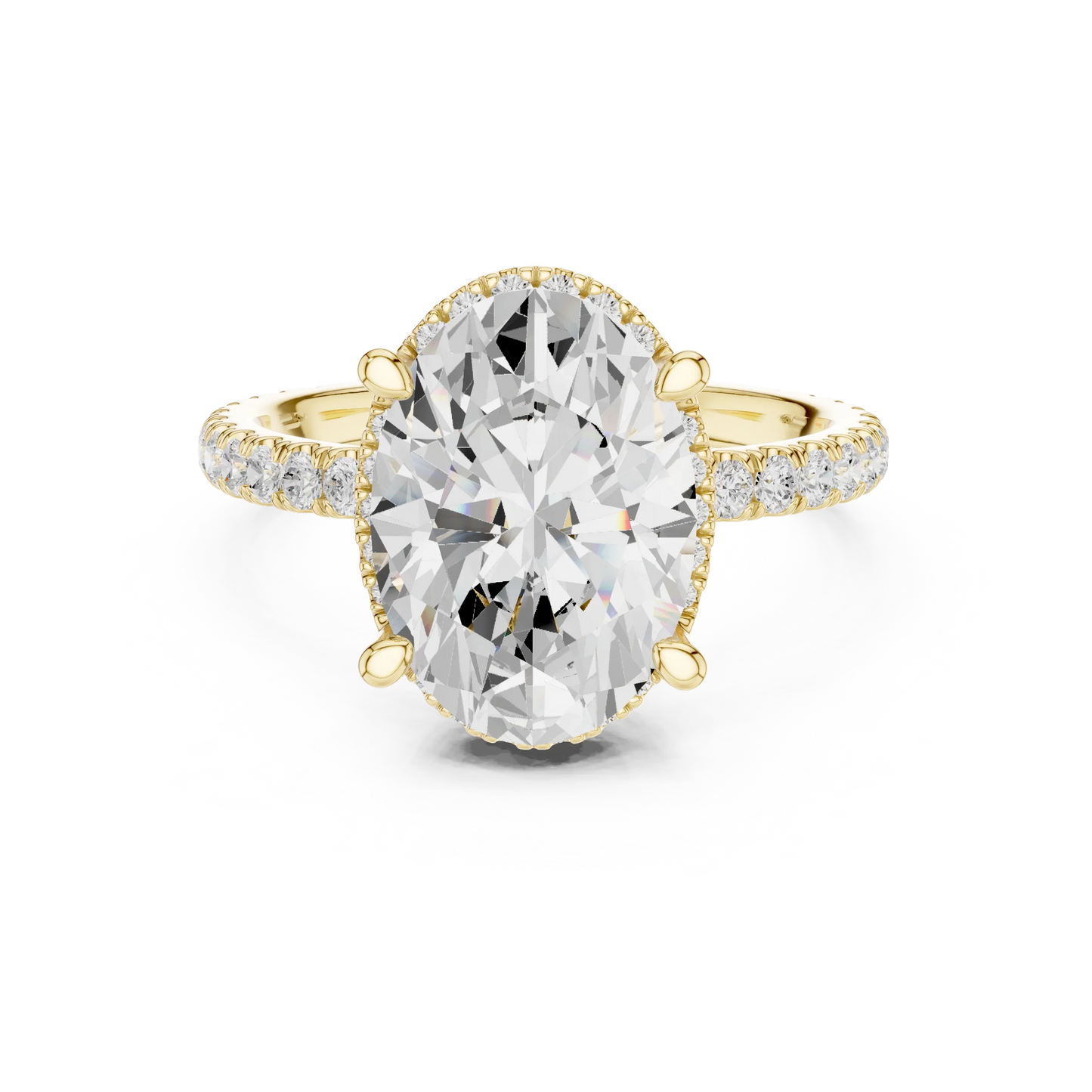 Yellow gold oval cut solitaire ring with hidden halo and thin pav茅 band featuring lab-grown diamond, classic style