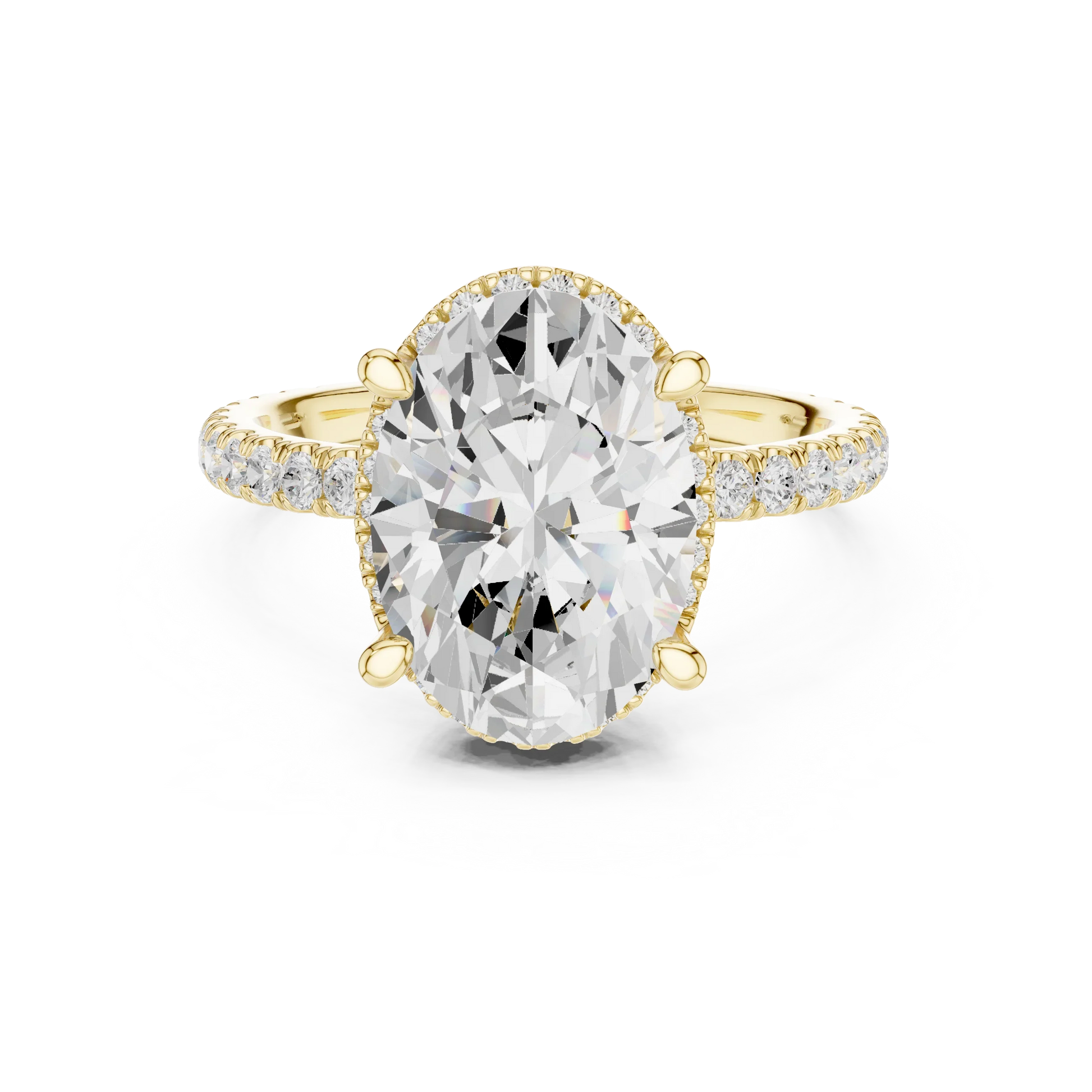 Yellow gold oval cut solitaire ring with hidden halo and thin pav茅 band featuring lab-grown diamond, classic style