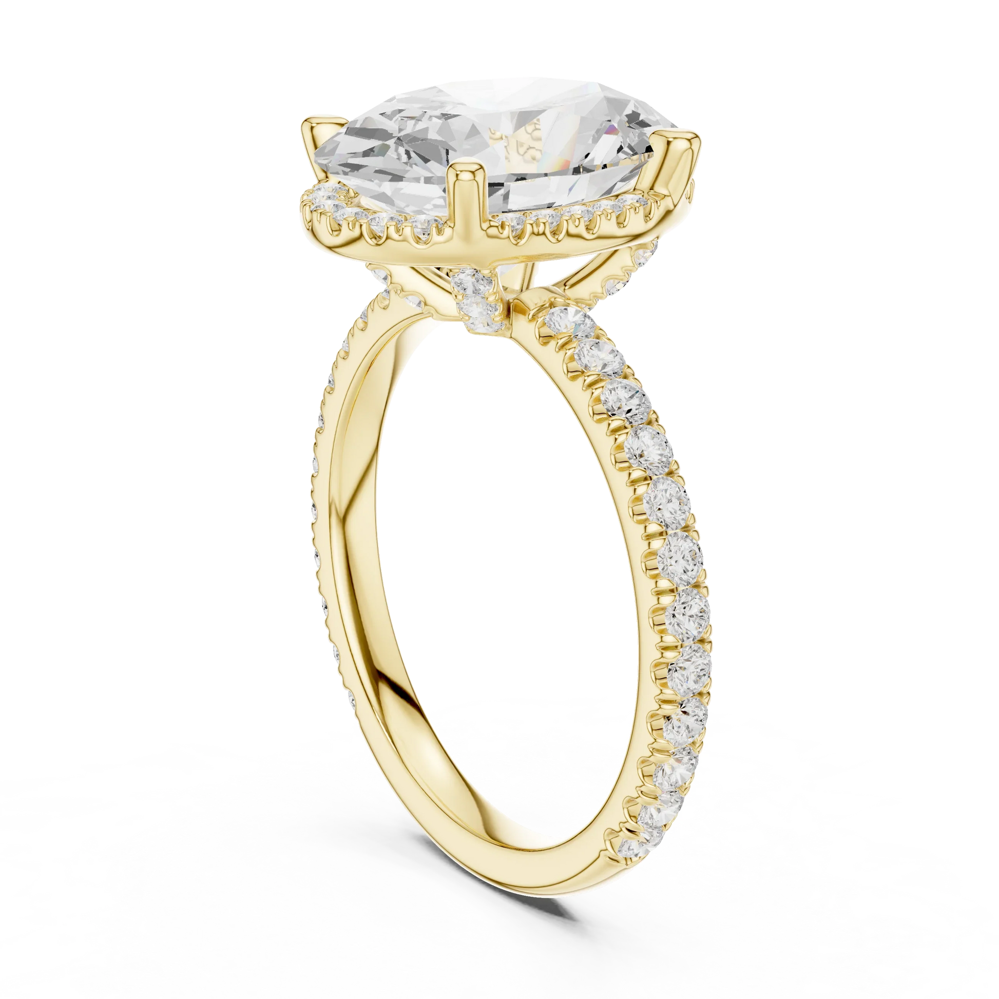 Back side view of yellow gold oval cut solitaire ring showing hidden halo and thin pav茅 band details