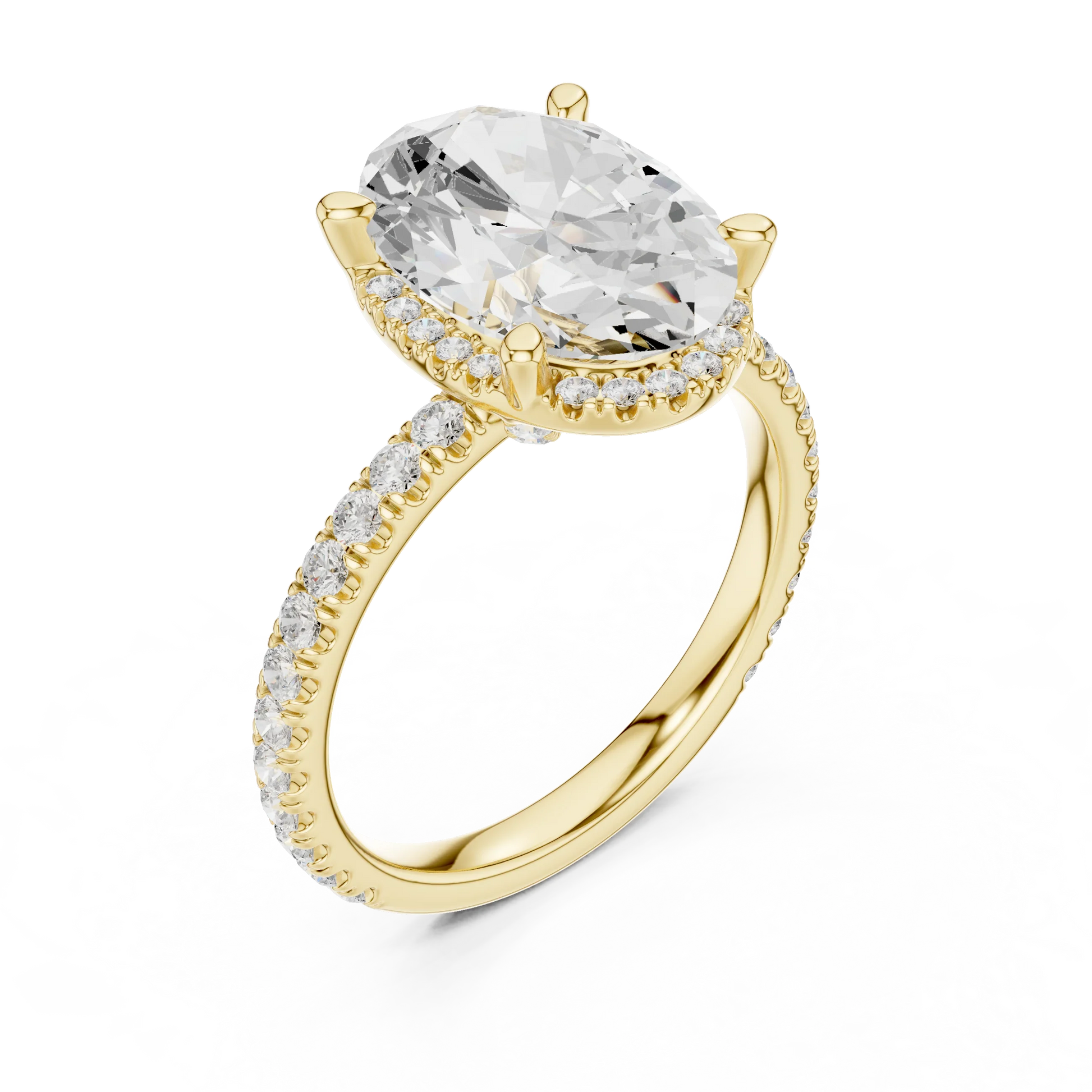 Front view of yellow gold oval cut solitaire ring with hidden halo and thin pav茅 diamond band and lab-created diamond