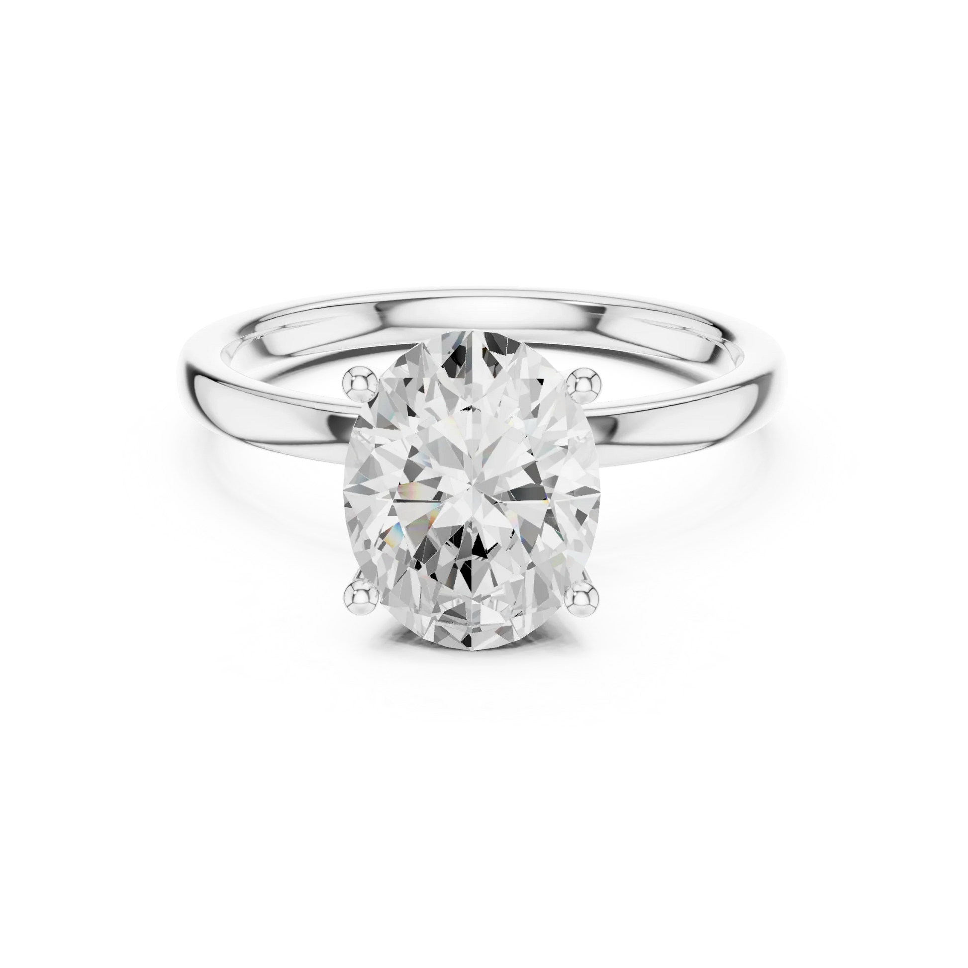 Lab-grown oval cut solitaire ring in white gold with plain domed band