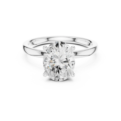 Lab-grown oval cut solitaire ring in white gold with plain domed band