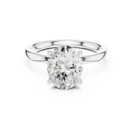 Lab-grown oval cut solitaire ring in white gold with plain domed band