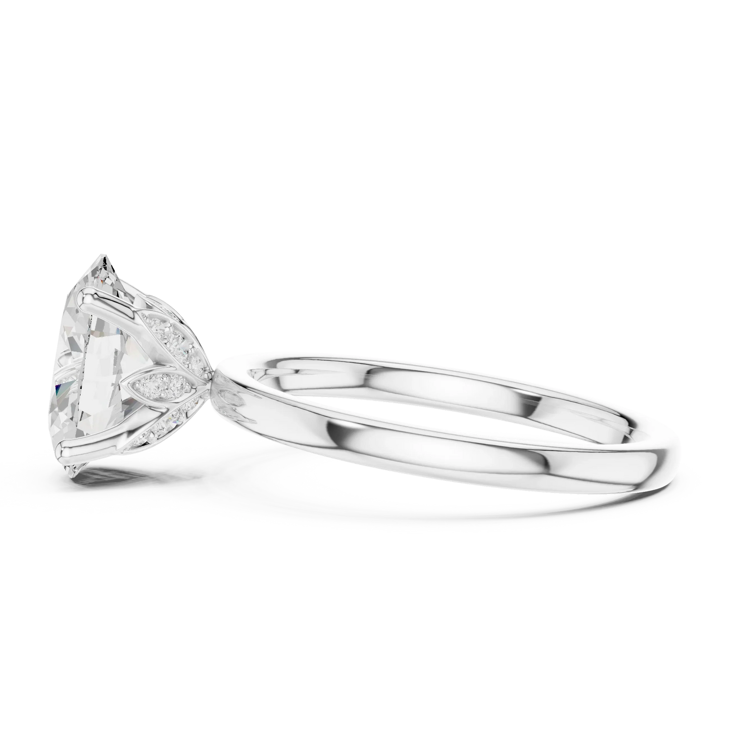 Side view of white gold oval cut solitaire ring with domed band and raised setting