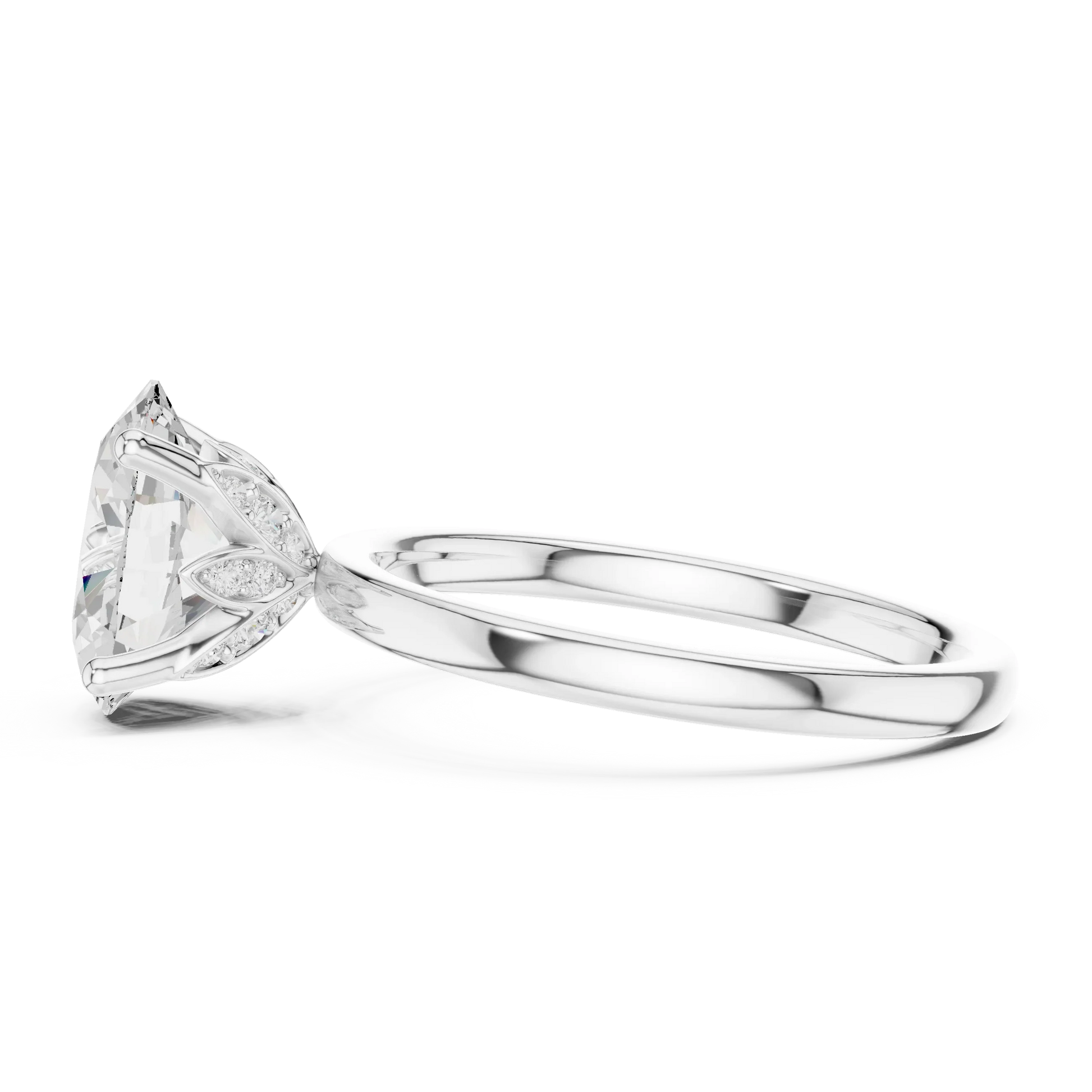 Side view of white gold oval cut solitaire ring with domed band and raised setting