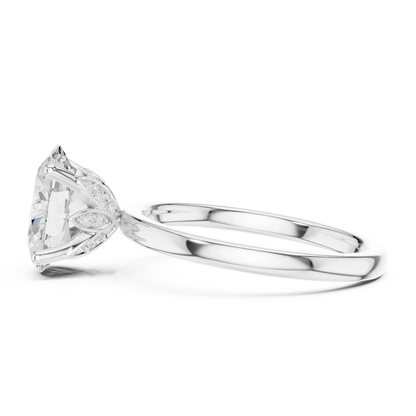 Side view of white gold oval cut solitaire ring with domed band and raised setting