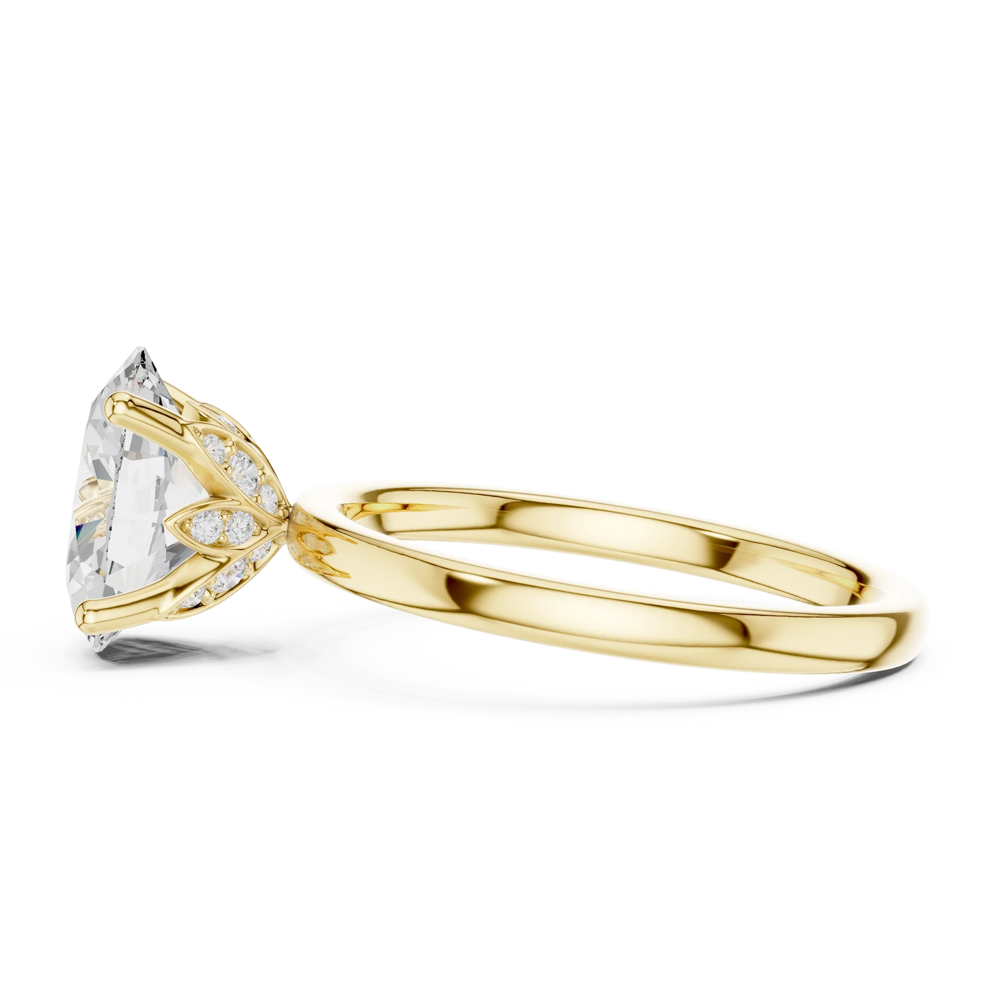 Back side view of yellow gold oval cut solitaire ring with domed band showing setting details